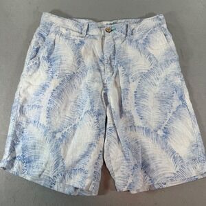 Tommy Bahama Relax Linen Shorts Mens‎ XL Blue White Tropical Palm Leaf Print